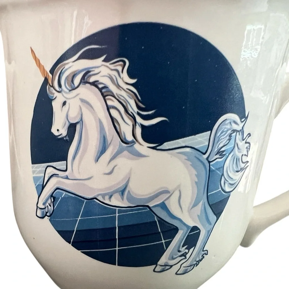 Vintage Tienshan Stoneware Unicorn Tea Coffee Cups Set Of 2 Blue Galaxy 80s EUC